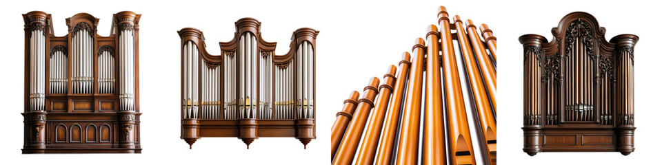 Ornate pipe organ with intricate wooden pipes and architectural details.