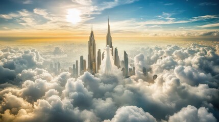 Ethereal cityscapes floating amidst clouds and dreamy skies evoking serenity hope spirituality and architectural wonderment of new realities
