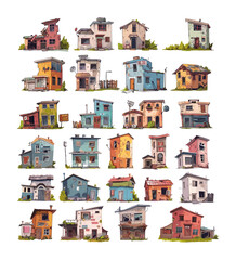 Fototapeta na wymiar Poor dirty houses cartoon vector set. Slums area old broken buildings ruin shacks ghetto cheap criminal abandon junkyard architecture, illustrations isolated on white background