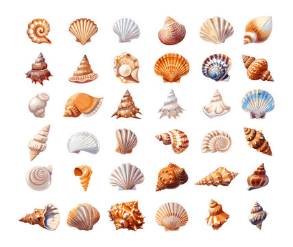 Sea shells cartoon vector set. Snail pearl oyster mollusk carcass beach marine aquarium ocean souvenirs remains illustrations isolated on white background