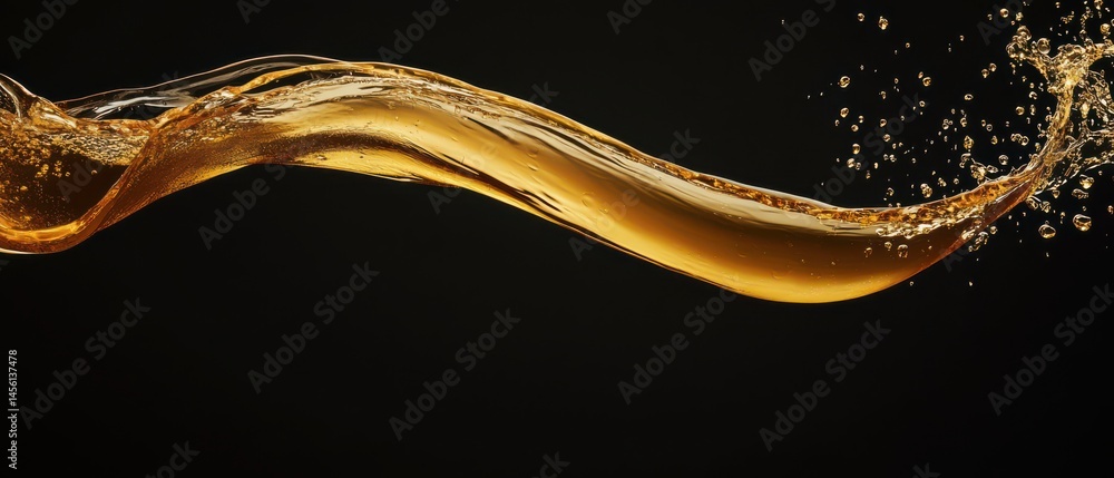 Poster dynamic golden liquid splash with droplets on black background abstract fluid wave motion for bevera