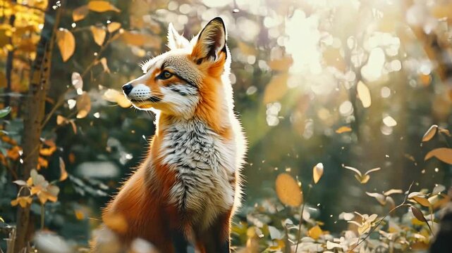 A fox is sitting in the woods, looking up at the sky. The image has a peaceful and serene mood, as the fox appears to be enjoying the beauty of nature
