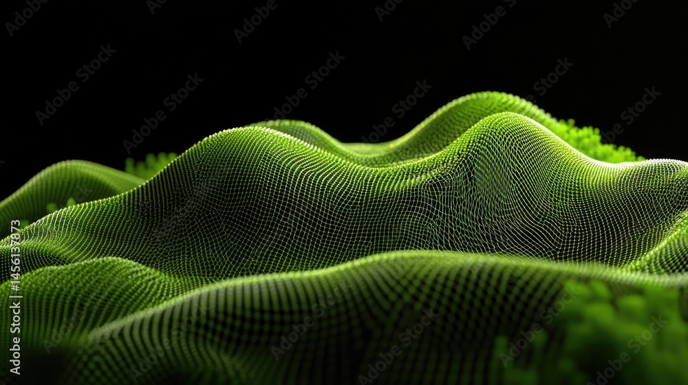 Poster green energy wave pattern flowing through 3d digital lines and nodes, computer-generated