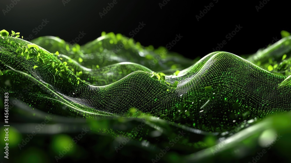 Poster Green energy wave pattern flowing through 3D digital lines and nodes, computer-generated