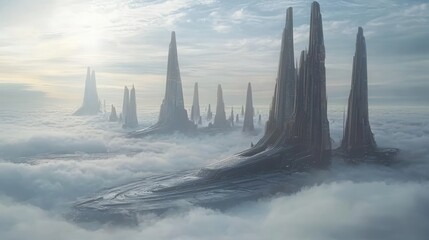 Futuristic cloud city vision showcasing advanced architectural designs floating amidst serene skies emphasizing progress and serenity