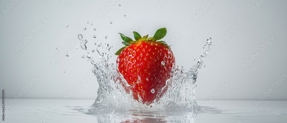 Poster fresh red strawberry splashing into water creating dynamic splash on white background concept of hea