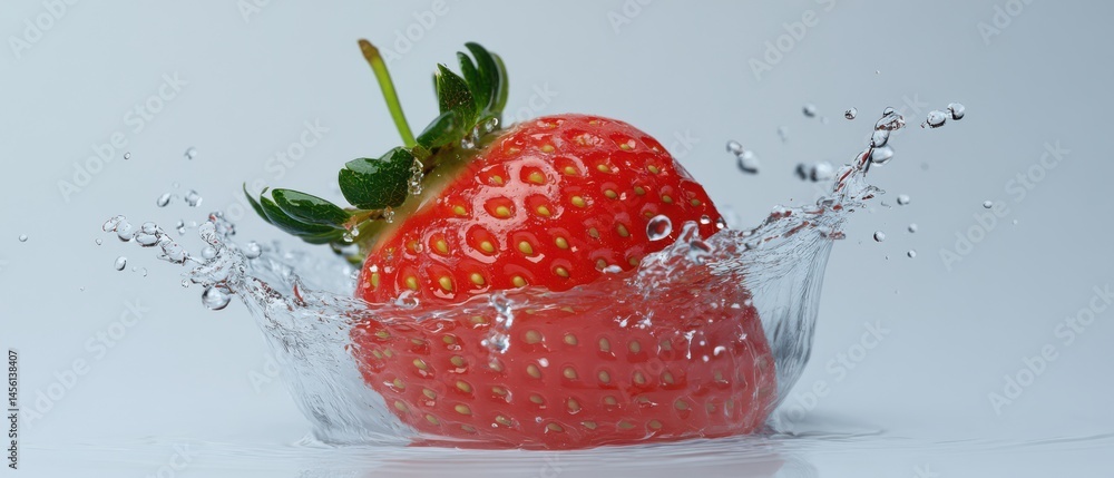 Poster fresh red strawberry splashing into clear water, creating dynamic splash and droplets concept of hea