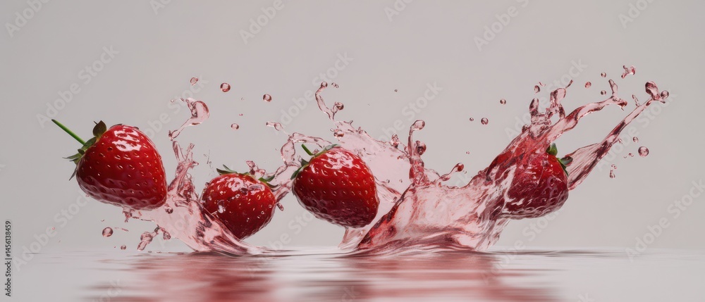 Poster fresh strawberries splashing in pink juice, creating dynamic liquid explosion concept of summer refr