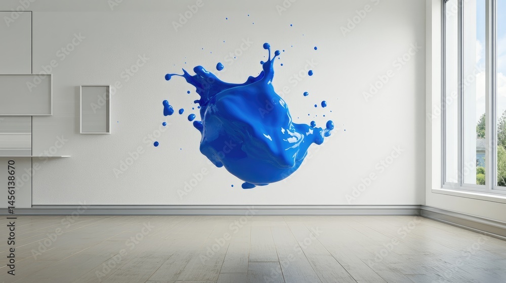 Poster Glossy paint blob levitating in empty room, surreal liquid geometry, abstract visual concept