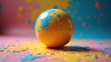 Colorful sphere. Yellow globe with paint splashes on colorful backgrou