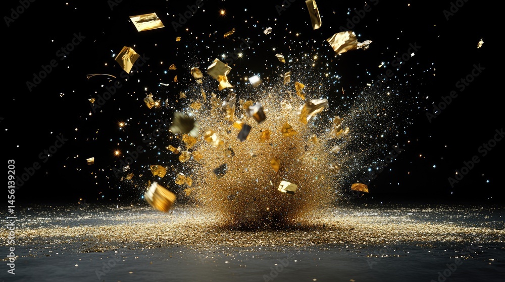 Poster glitter explosion with sparkling particles shaped like stars on a black background
