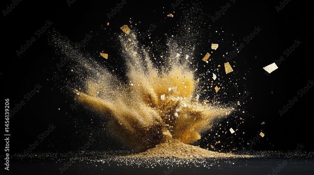 Poster glitter explosion with sparkling particles shaped like stars on a black background