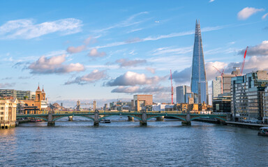 Panoramic view of Tower Bridge, London, at sunset.