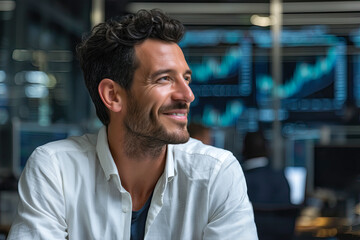 Fototapeta premium European man in a white shirt in a brokerage office.