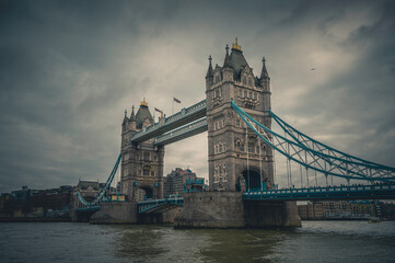 Panoramic view of Tower Bridge, London, at sunset.