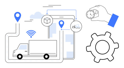 Truck moving on route with GPS markers, wireless signal, gears, clock, and hand holding compass. Ideal for delivery solutions, IoT integration, logistics, fleet management time efficiency route