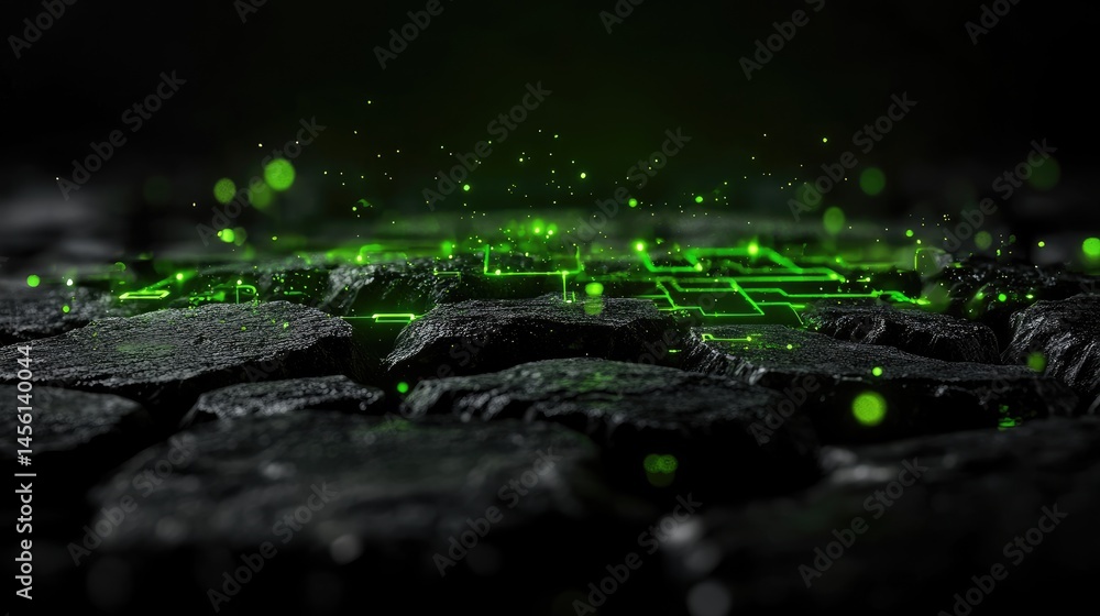 Poster futuristic green tech circuit glowing in 3d abstract space, high-tech digital concept