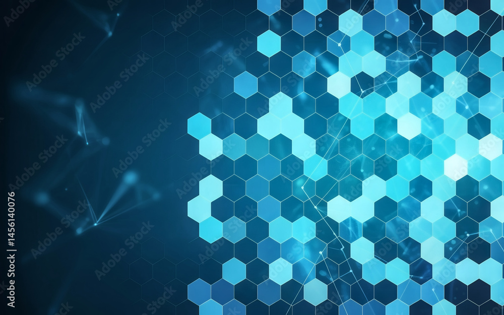 Poster abstract blue background with geometric hexagonal shapes and lines.