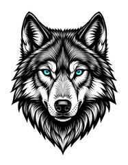 Fototapeta premium Wolf Face Illustration, Blue Eyes, White Fur, Transparent Background