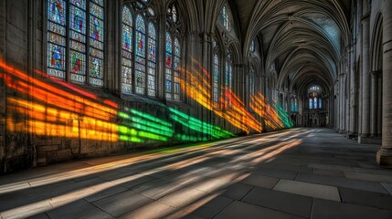 Fototapeta premium Vibrant Stained Glass Reflections in Architectural Cathedral Interior with Colorful Rays and Shadows illuminating Gothic Structure