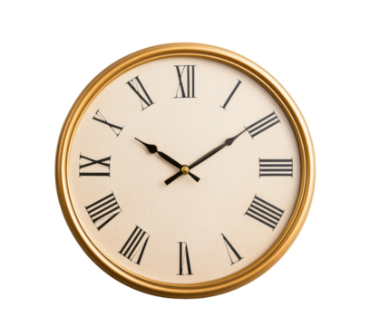 Elegant wall clock with Roman numerals and gold frame for decor on a transparent background, cut out