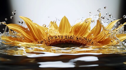 A golden sunflower appears to be gently sinking into pure still water 