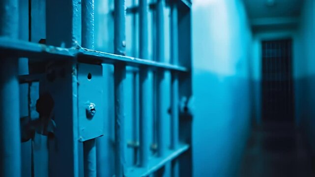 Blue Prison Cell Bars Inside a Jail Interior Featuring White Wall, Dramatic Lighting, and Metal Structure in a Hallway