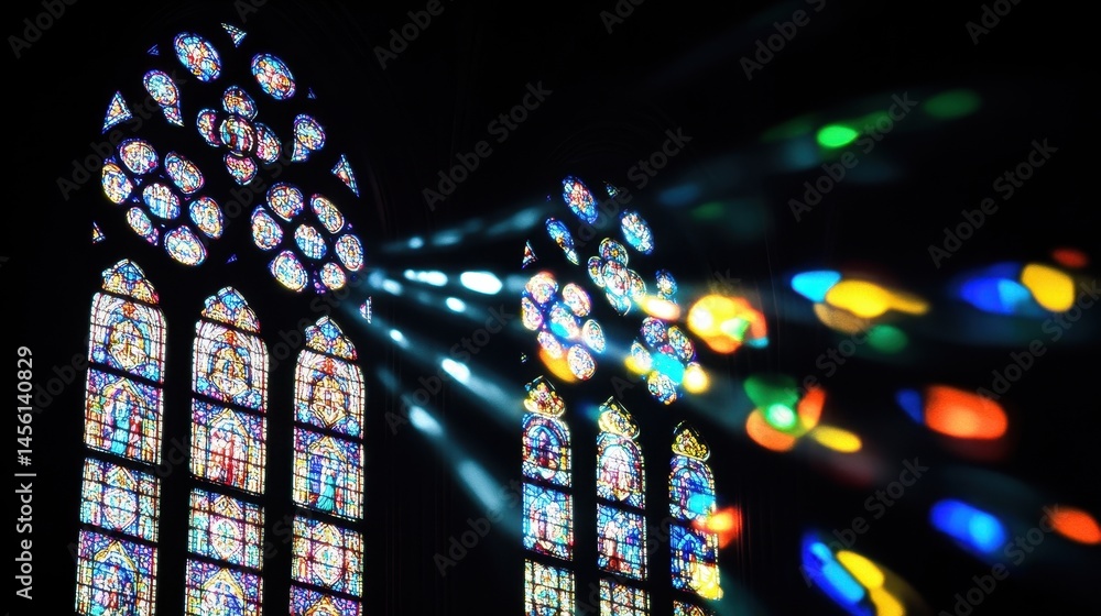 Poster illuminated stained glass artwork with refracted light creating colorful patterns in the dark interi