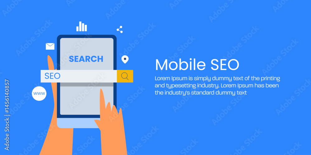 Aufkleber hand holds a smartphone, user interaction with search engine app, representing seo related icons use