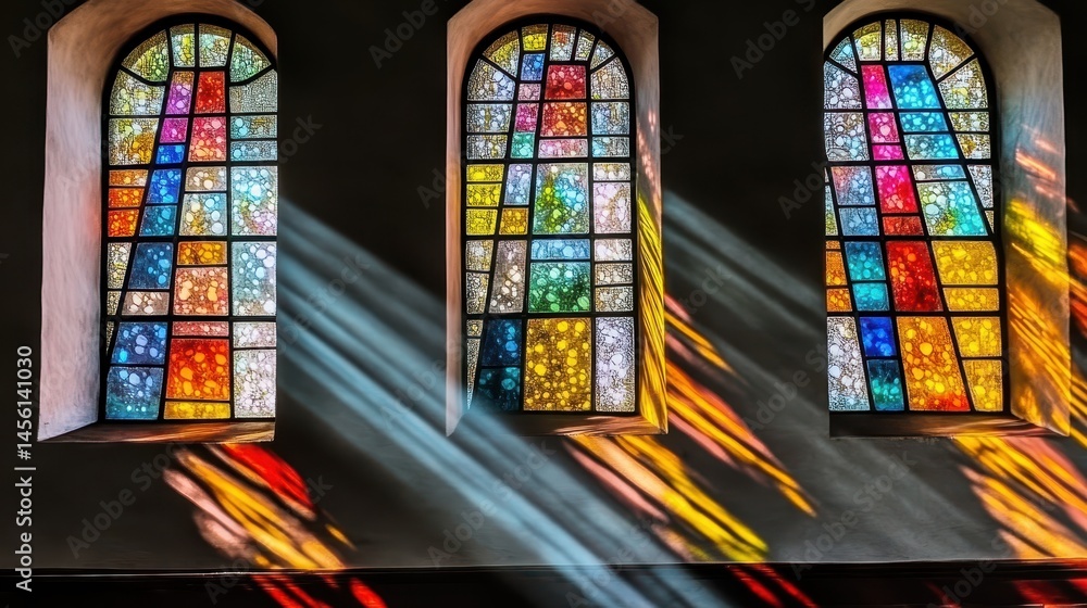 Poster luminous stained glass windows radiating color and light through architectural details creating a sp