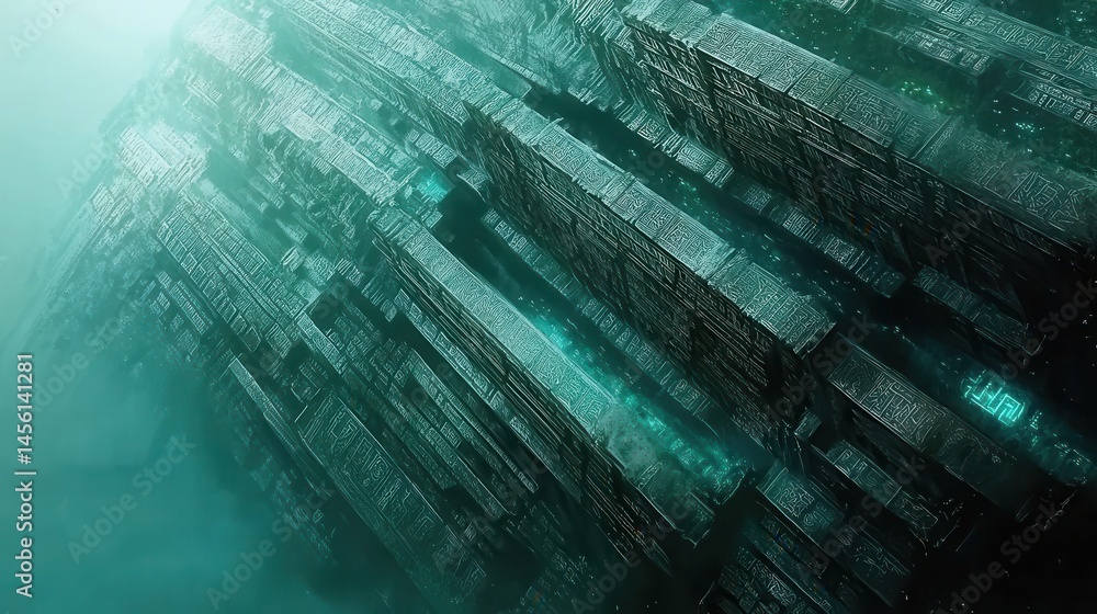 Poster digital circuitry matrix in emerald and cyan hues representing complex data streams and modern techn