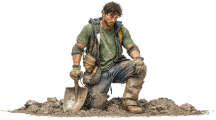 A rugged individual kneeling with a shovel amidst muddy terrain perfect for themes of labor c