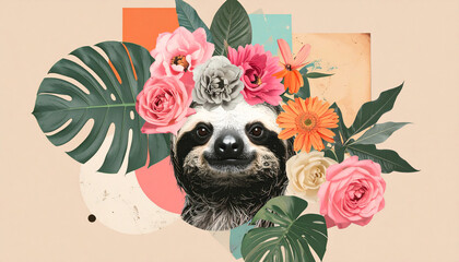 Artistic halftone animal head collage with flowers. Art classes poster, creative ideas concept. Trendy graphic on simple background