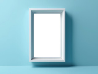 Transparent picture frame against a blue wall. Interior decor and creative artistic display in a minimalist aesthetic. Ready to put your image inside.