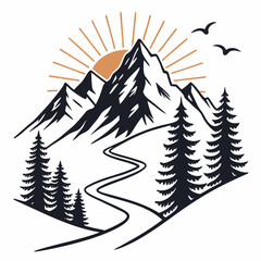 Adventure Mountain Silhouette with Pine Trees and Rising Sun Clean Vector T-Shirt Design