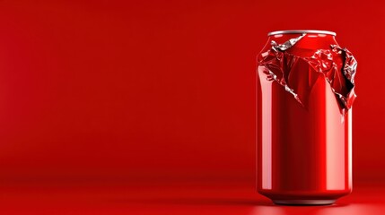 This image captures a torn red soda can, revealing silver underneath, against a contrasting red backdrop, representing the dichotomy of consumption and waste in modern society.