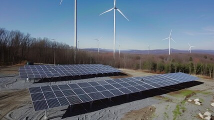 Renewable energy landscape with wind turbines and solar panels generating power