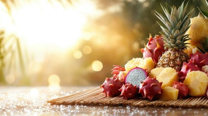 An exquisite showcase of various exotic fruits with the sun reflecting on their colorful surfaces, inviting viewers to explore their unique shapes and tantalizing flavors.
