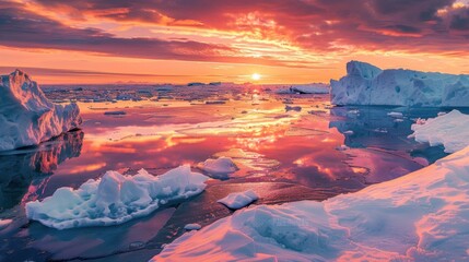 Stunning Arctic Landscape with Sunset Over Icebergs, Dramatic Sky Reflections