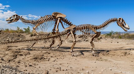 Dinosaur Skeletons on Display Against a Bright Blue Sky and Sandy Terrain