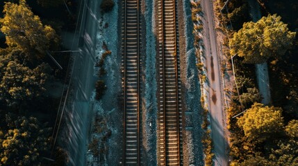 Aerial View of Train Tracks and Road Surrounded by Lush Greenery