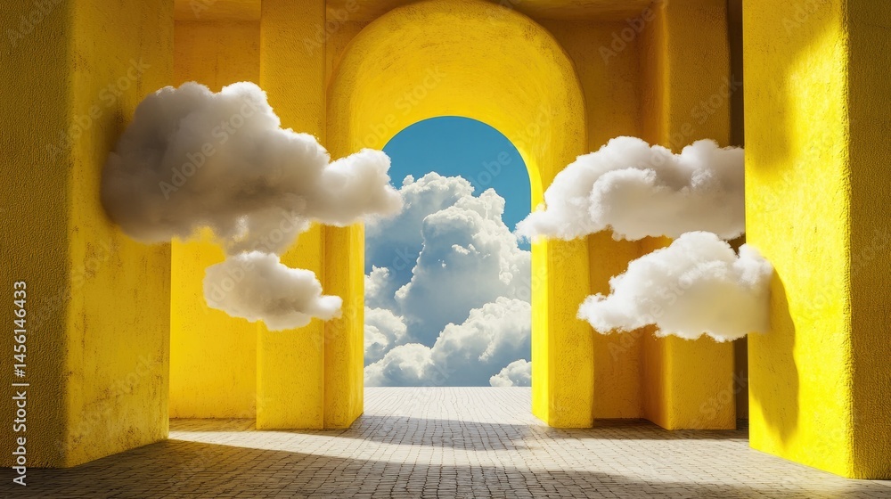 Poster Conceptual render of abstract tunnel in yellow with floating clouds, dreamy atmosphere