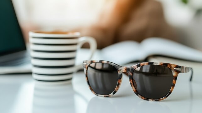 Patterned sunglasses laid next to a striped coffee cup and open notebook showcase a cozy and creative workspace, inviting thoughts of inspiration and everyday charm. - Powered by Adobe