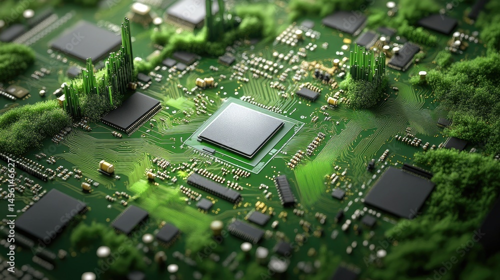Poster Computer-generated green circuit board morphing into abstract 3D landscape