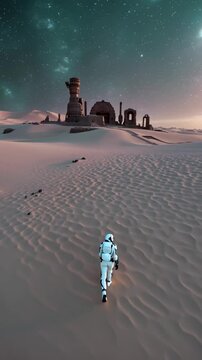 Astronaute explorant des ruines dans un d&eacute;sert extraterrestre

