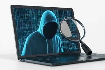 A 3D rendering of a thief illustration on a laptop screen magnified by a lens on a white background Represents online security scam and piracy concepts 