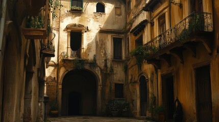 Naklejka premium Timeless allure of an old european town alley ancient architecture and sun kissed walls create a nostalgic journey into the past