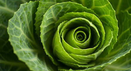 Obraz premium Fresh Cabbage Head Showing Unique Spiral Shape and Delicate Leaf Veins