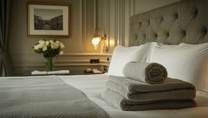 Luxurious hotel bedroom with soft, folded towels
