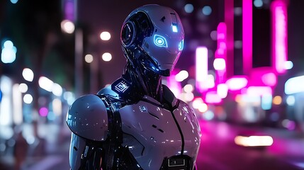 Naklejka premium Technological Sentinel: A futuristic, photorealistic robot stands sentinel against a vibrant city background at night, bathed in neon lights.
